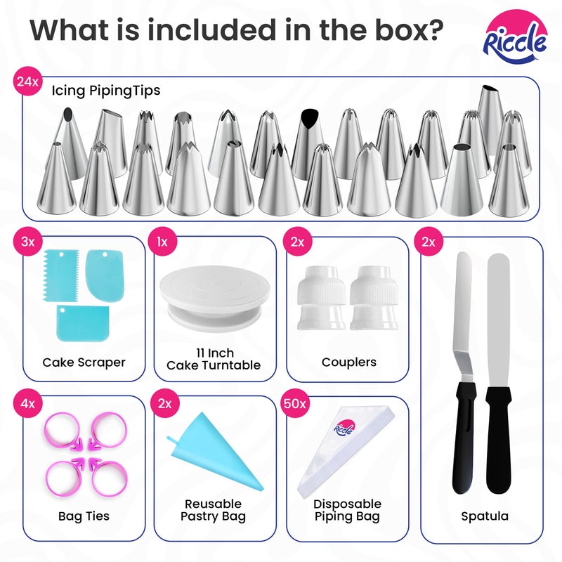 Riccle 88 pcs Cake Decorating Kit with Cake Turntable - Includes 50 Disposable + 2 Reusable Piping Bags and Tips Set  24 Icing Piping Tips  2 Spatulas  3 Icing Comb Scraper  Baking Supplies - Image 3